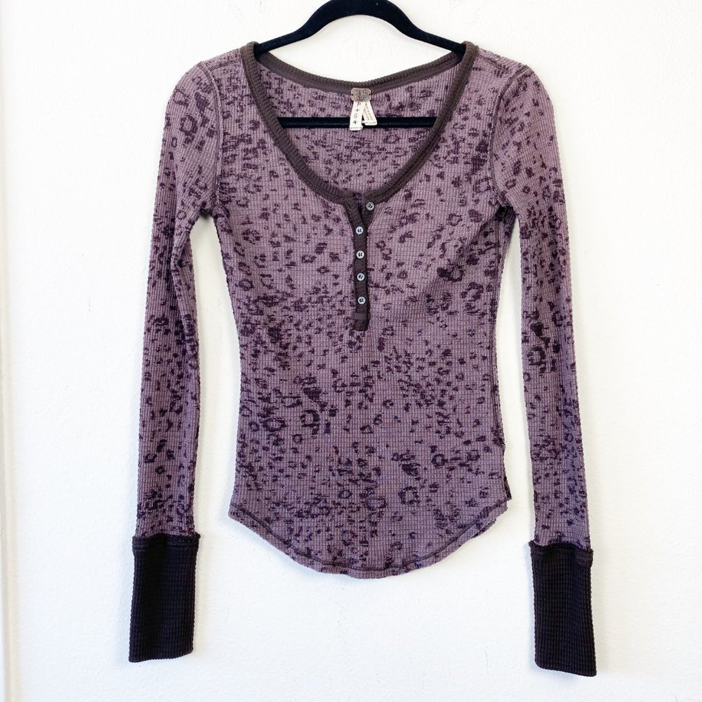 Free People Purple Animal Print Thermal Henley Top